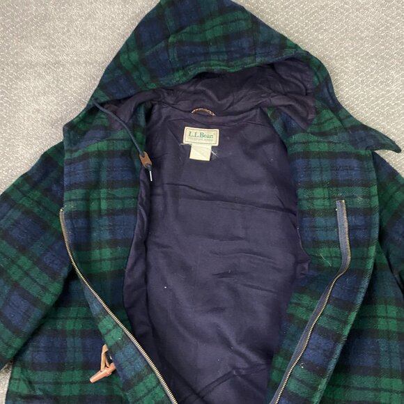 Vintage LL Bean Toggle Coat Men's XL Green Blue Tartan Plaid Wool USA Duffle - Picture 5 of 15